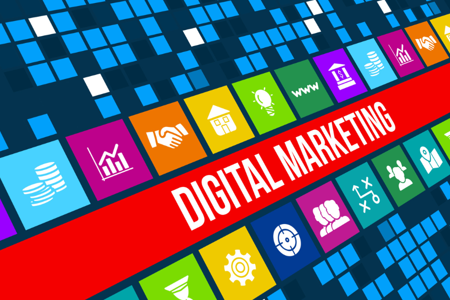 Digital marketing written in bright and colourful blocks